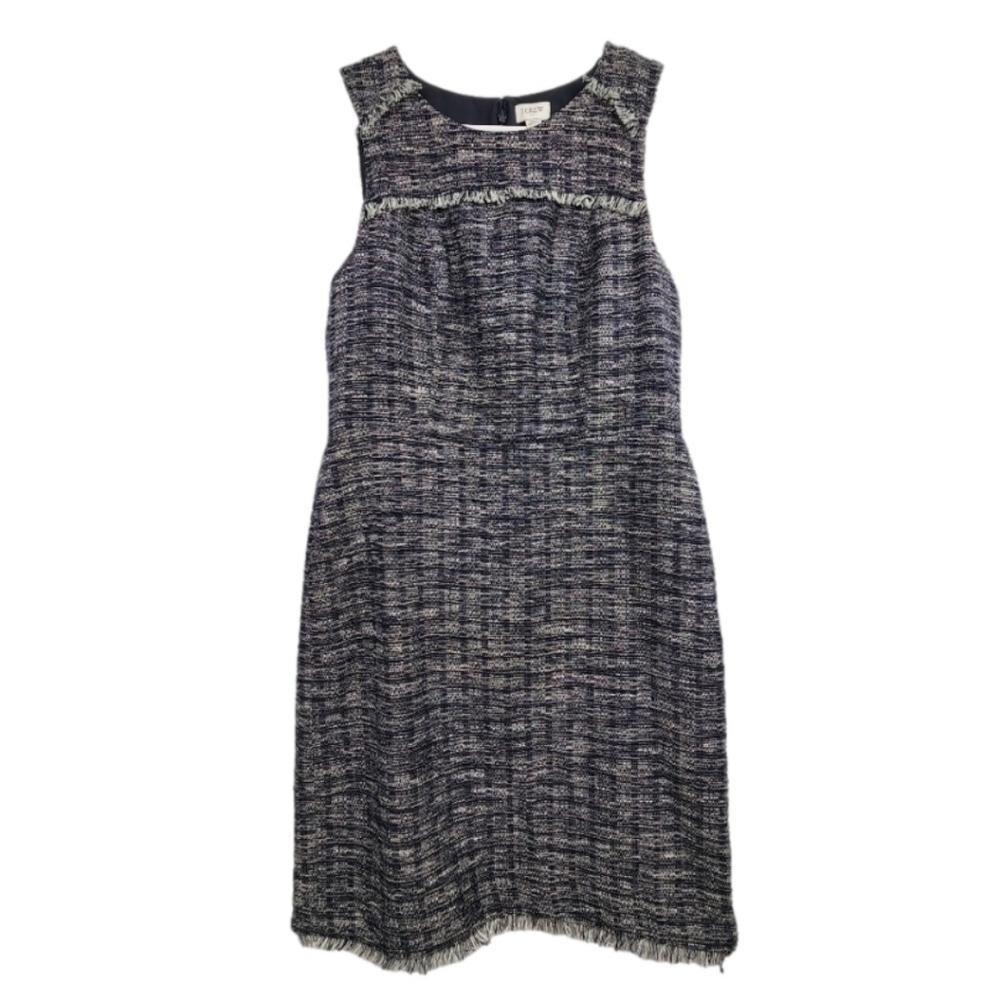J. Crew NWT Navy and White Tweed Cotton Blend Fringe Sheath Dress Size 8